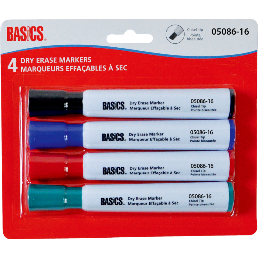 BASICS DRY ERASE WHTBOARD MARKERS, CHISEL, ASS. 4/